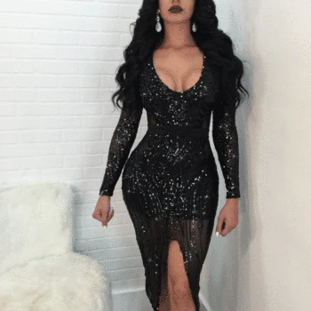 Sexy Club Wear Party Dress Womens Deep V Neck High Slit Bodycon Pencil Dresses Long Sleeve Mesh Sequin Mid Dress Slim Clubwear
Sexy Club Wear Party Dress Womens Deep V Neck High Slit Bodycon Pencil Dresses Long Sleeve Mesh Sequin Mid Dress Slim Clubwear