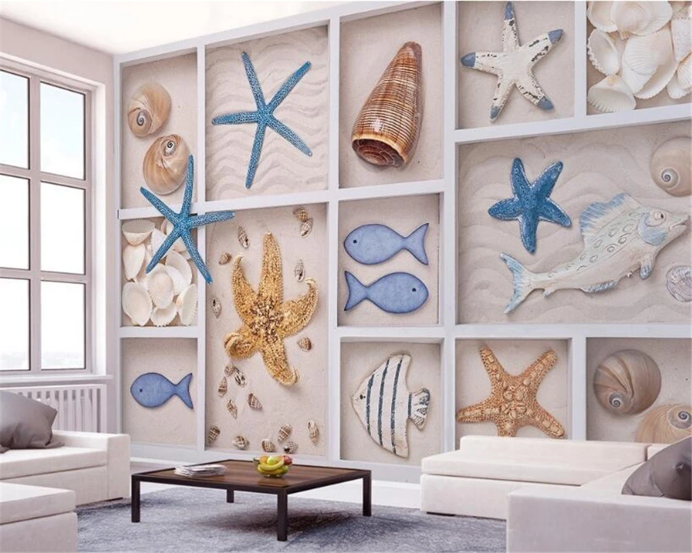 

Beibehang 3D Wallpaper Starfish Sand Fish Conch Grid 3d Mediterranean TV Background Wall Living Room Bedroom Mural wallpaper 3 d