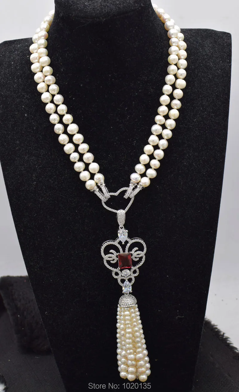 2rows white freshwater pearl round red zircon pendant tassel necklace 18-19inch wholesale beads nature gift discount FPPJ
2rows white freshwater pearl round red zircon pendant tassel necklace 18-19inch wholesale beads nature gift discount FPPJ