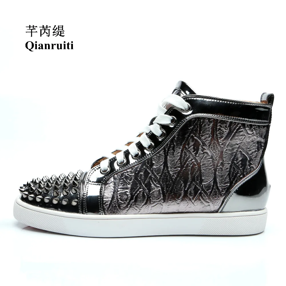 Qianruiti Men Casual Shoes High Top Sneakers Silver Grey Spike Sneaker Lace-up Rivet Flat Laser-cut High Top Curved Shoes
Qianruiti Men Casual Shoes High Top Sneakers Silver Grey Spike Sneaker Lace-up Rivet Flat Laser-cut High Top Curved Shoes