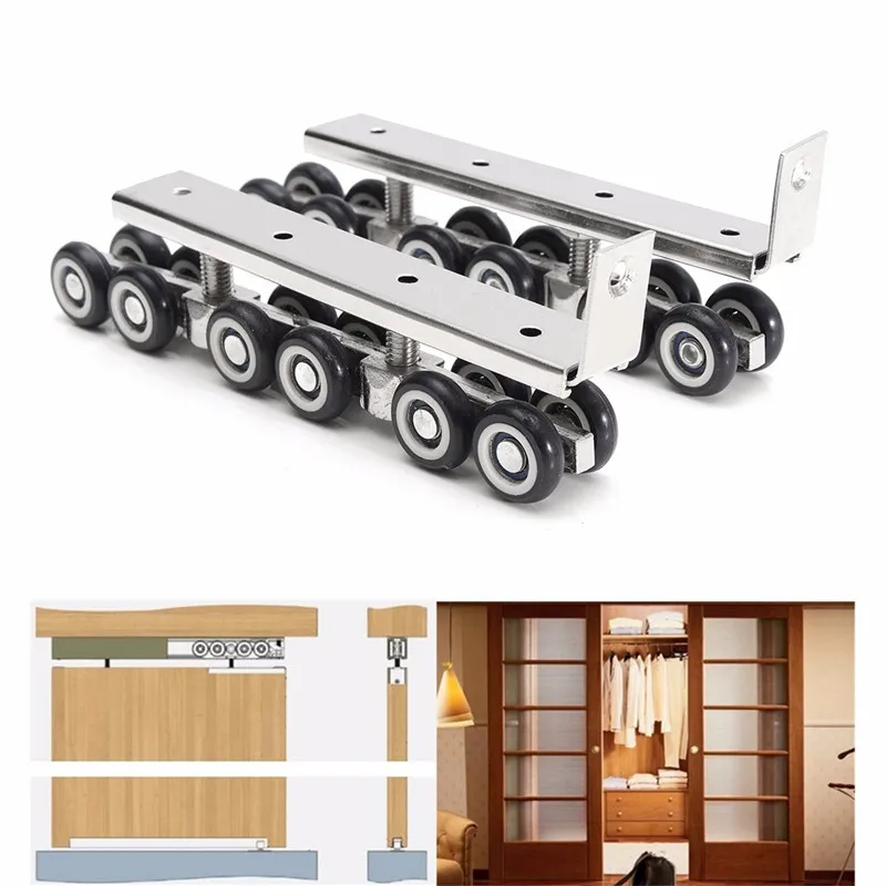 Image 1 Pair set Cold Rolled Steel Sliding Wooden Door Closet Hardware Kit 12 Wheels Hangers Roller Door Wheels Roller