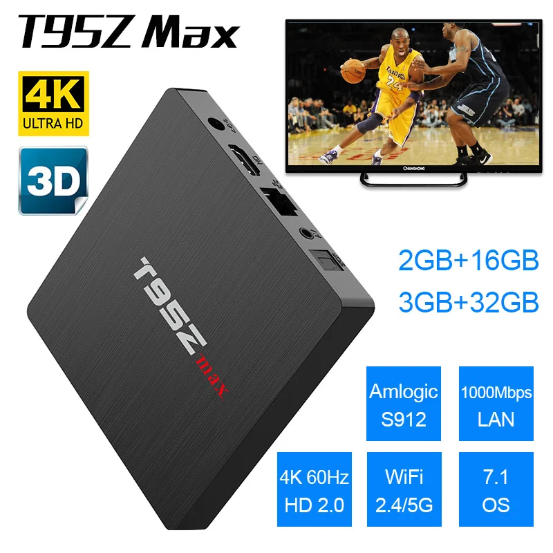 

T95Z MAX 3GB 32GB 2GB 16GB Amlogic S912 Octa Core Andorid 7.1 TV BOX 2.4G/5GHz Dual WiFi BT4.0 4K H.265 Media Play HD Player