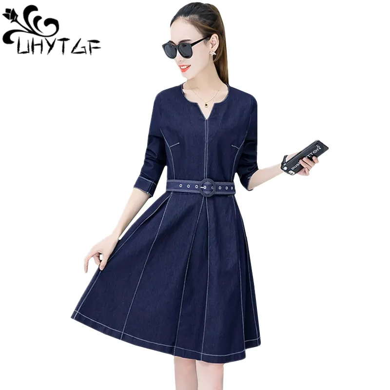 UHYTGF New long-sleeved V-neck spring denim dress belt slim womens plus size dress pullover temperament female Mini dresses 1250
UHYTGF New long-sleeved V-neck spring denim dress belt slim womens plus size dress pullover temperament female Mini dresses 1250