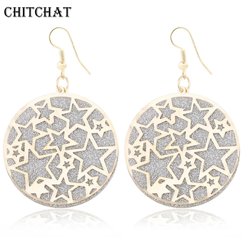 Hollow Five-pointed Star With Scrub Round Plate Earrings Gold Color Statement Big Long Dangle Earrings For Woman orecchini
Hollow Five-pointed Star With Scrub Round Plate Earrings Gold Color Statement Big Long Dangle Earrings For Woman orecchini