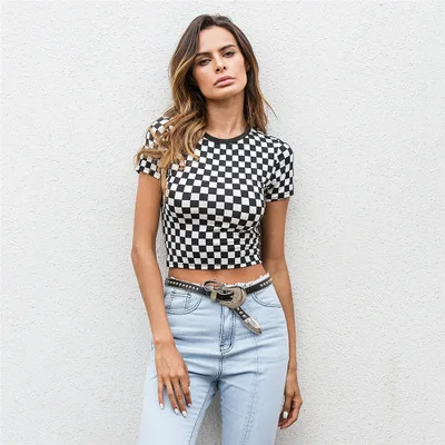 2018 New Women Summer Checkerboard Plaid T-shirt Short Sleeve Navel Bare Crop Top Tees Slim Fit Patchwork T Shirt
2018 New Women Summer Checkerboard Plaid T-shirt Short Sleeve Navel Bare Crop Top Tees Slim Fit Patchwork T Shirt