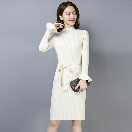 Woman Dress 2019 New Autumn Winter Long Lseeve Sweater Medium Solid Slim Pencil Ladies Casual Knit Vintage Robe | Женская одежда