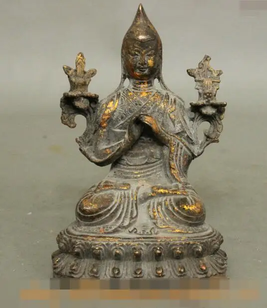 

S03048 Folk Chinese Tibetan Buddhism Bronze Gilt Je Tsongkhapa Buddha Lotus Seat Statue (A0321)