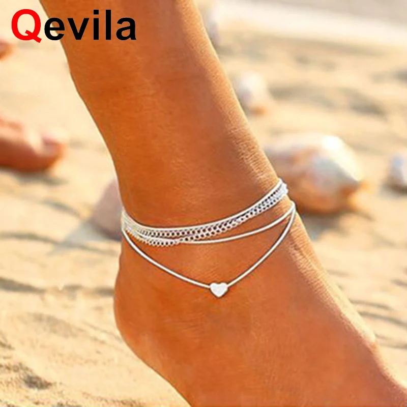 

Qevila Fashion Sexy Heart Multi-layer Ankle Bracelets for Women Invisible Fish Line S925 Color Anklet Barefoot Sandal Leg Chains