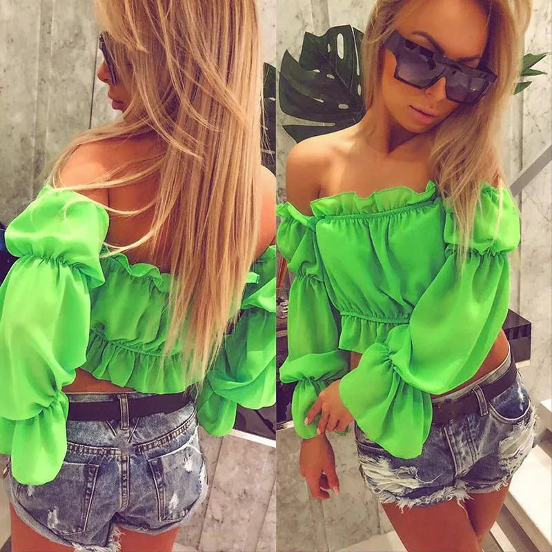 2019 Summer Women Lantern Sleeve Ruffles Blouses Neon Fashion Club Sexy Shirts Strapless Slash Neck Chiffon Tops
2019 Summer Women Lantern Sleeve Ruffles Blouses Neon Fashion Club Sexy Shirts Strapless Slash Neck Chiffon Tops