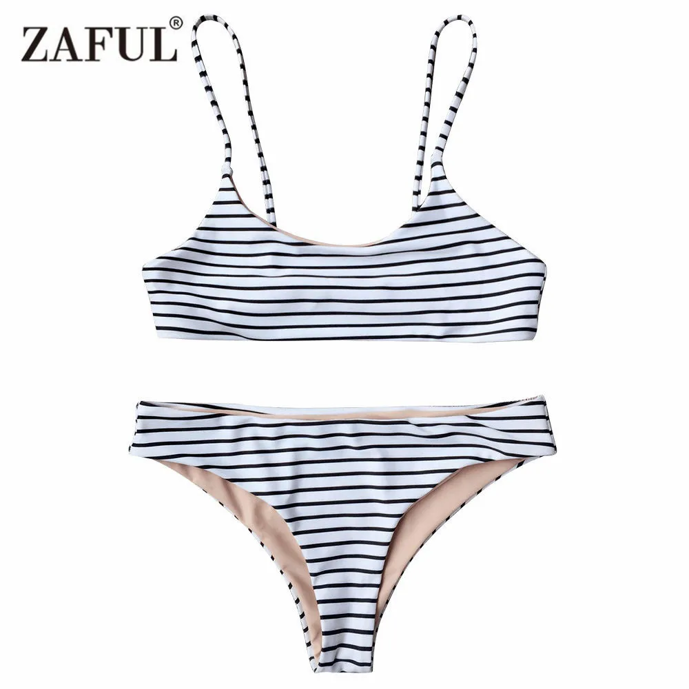 

ZAFUL 2018 New Women Striped Cami Bralette Bikini Set Sexy Low Waisted Spaghetti Straps Two Pieces swimsuit female swimwear