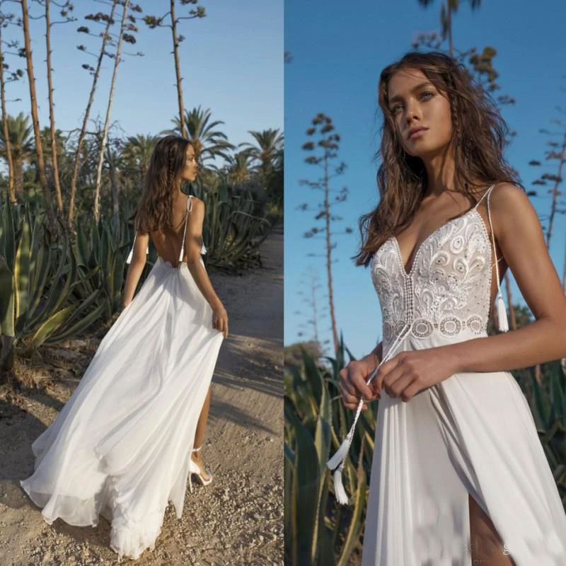 Beach Boho Wedding Dress Spaghetti Straps Backless Lace And Chiffon Wedding Gowns Cheap Side Slit Bohemain Wedding Gowns
Beach Boho Wedding Dress Spaghetti Straps Backless Lace And Chiffon Wedding Gowns Cheap Side Slit Bohemain Wedding Gowns