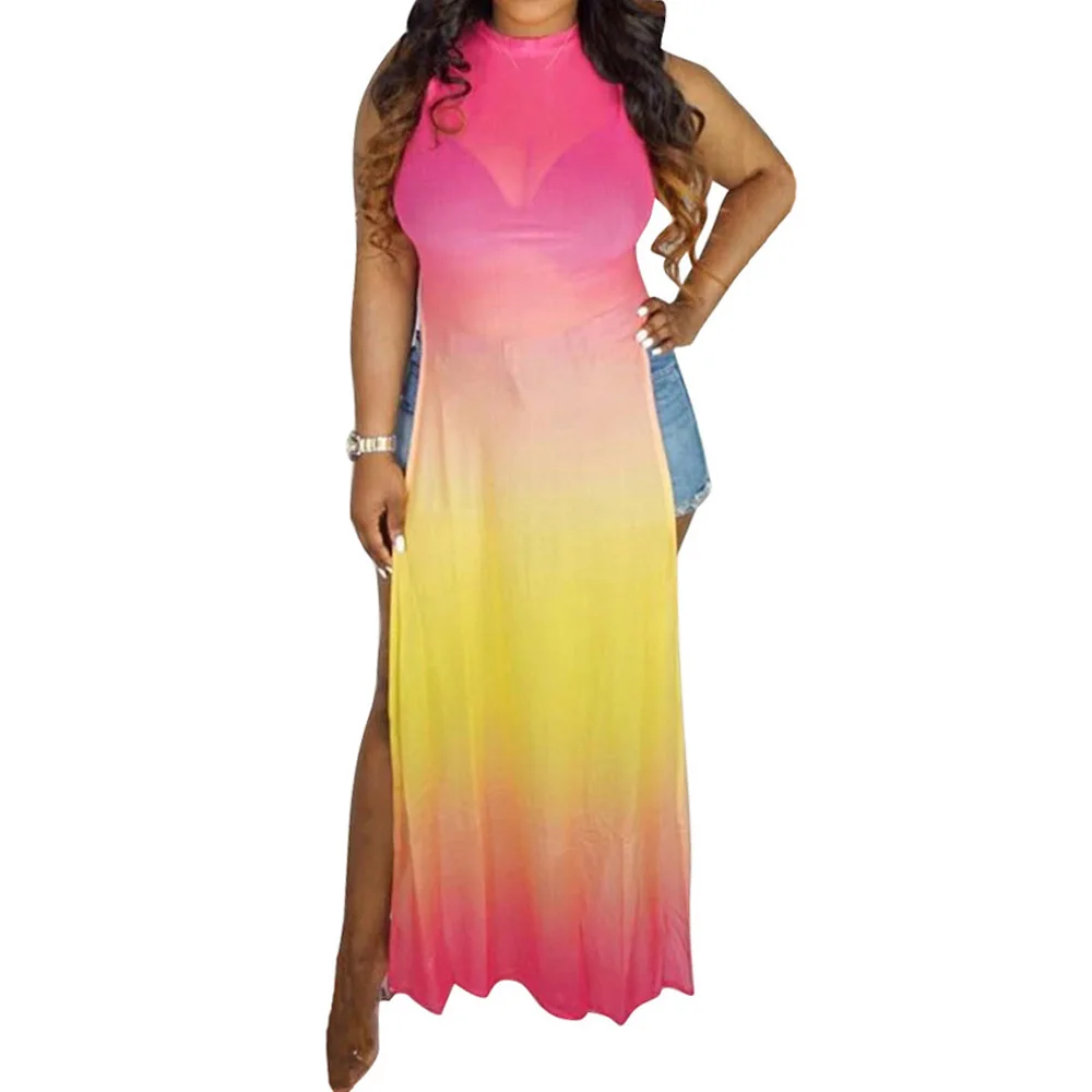 Rainbow Gradient Color Dress Women Sexy Mesh Hollow Out Double Side High Split Bodycon Party Summer Perspective Long Dresses
Rainbow Gradient Color Dress Women Sexy Mesh Hollow Out Double Side High Split Bodycon Party Summer Perspective Long Dresses