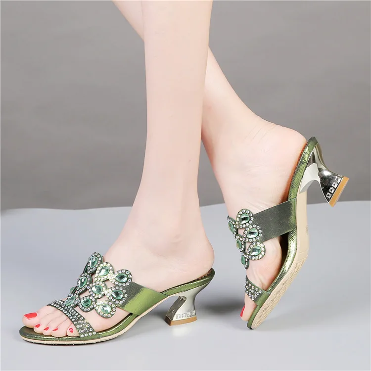 2016 New Diamond Sandals Green Cheap Chunky High Heels Best Luxury Casual Shoes Ladies Leather Slippers6
