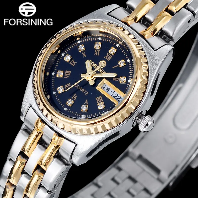 

2016 Luxury brand FORSINING Date/Week display women watches Fashion Rhinestone quartz watch Gold Siliver Band Ladies Watch Q908