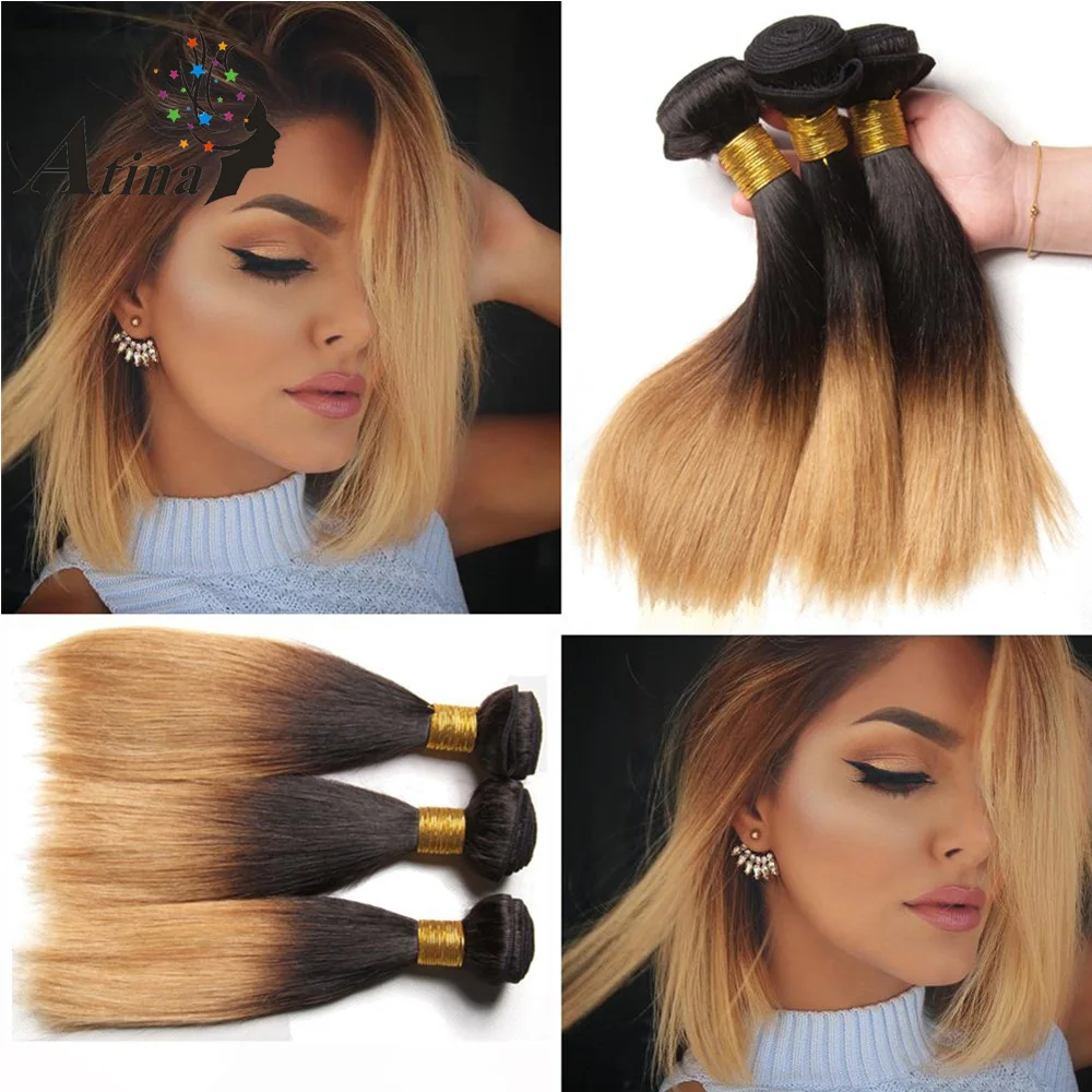 

Blonde Ombre 3 Bundle Deals Straight Hair 1B 27 Brazilian Virgin Hair 10A Grade Remy Human Brazilian Hair Bundles Weaving Atina