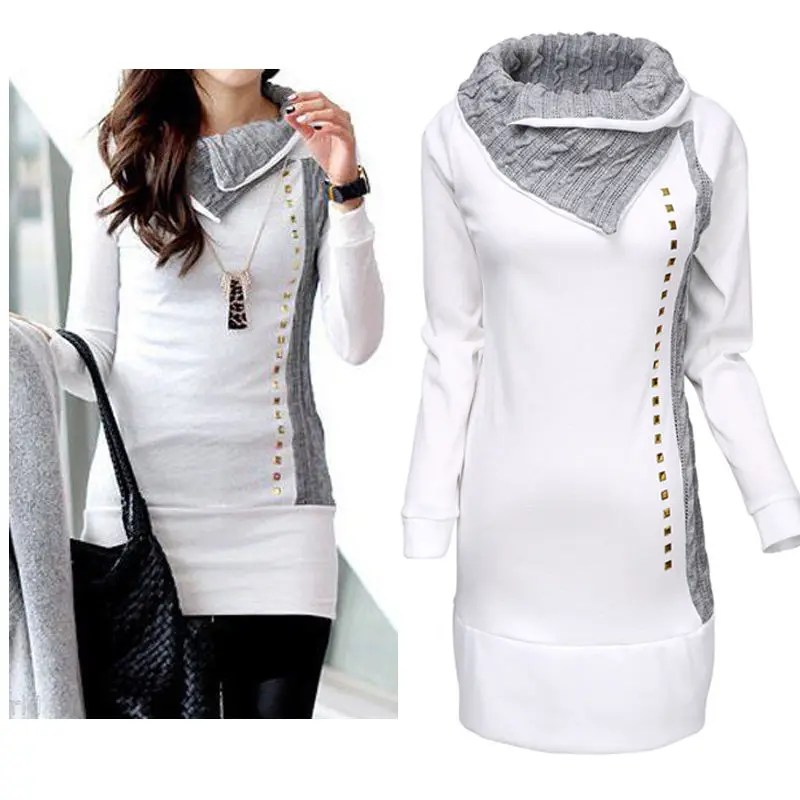 

High Quality 2016 New Stylish Women Shirt Turn-Down Collar Woman Lady Rivet Embellished Long Sleeve Hoodies Women Tops