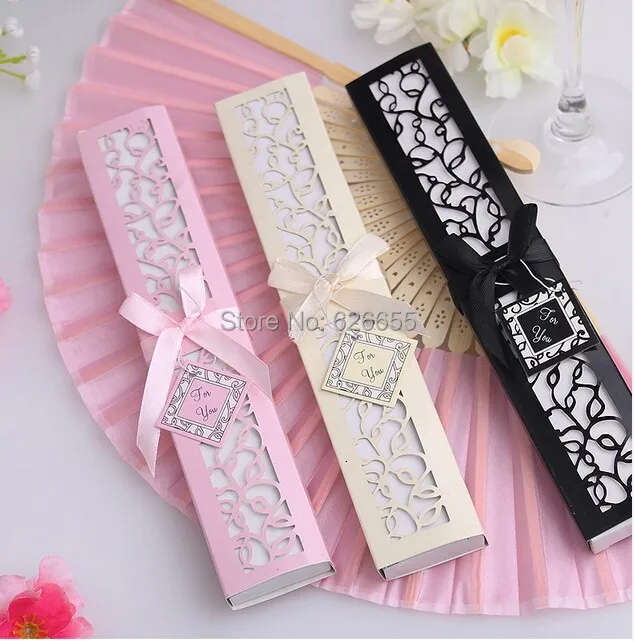 

FREE SHIPPING + 100pcs/lot Luxurious Silk Fold hand Fan in Elegant Laser-Cut Gift Box (Black; Ivory) +Party Favors/wedding Gifts