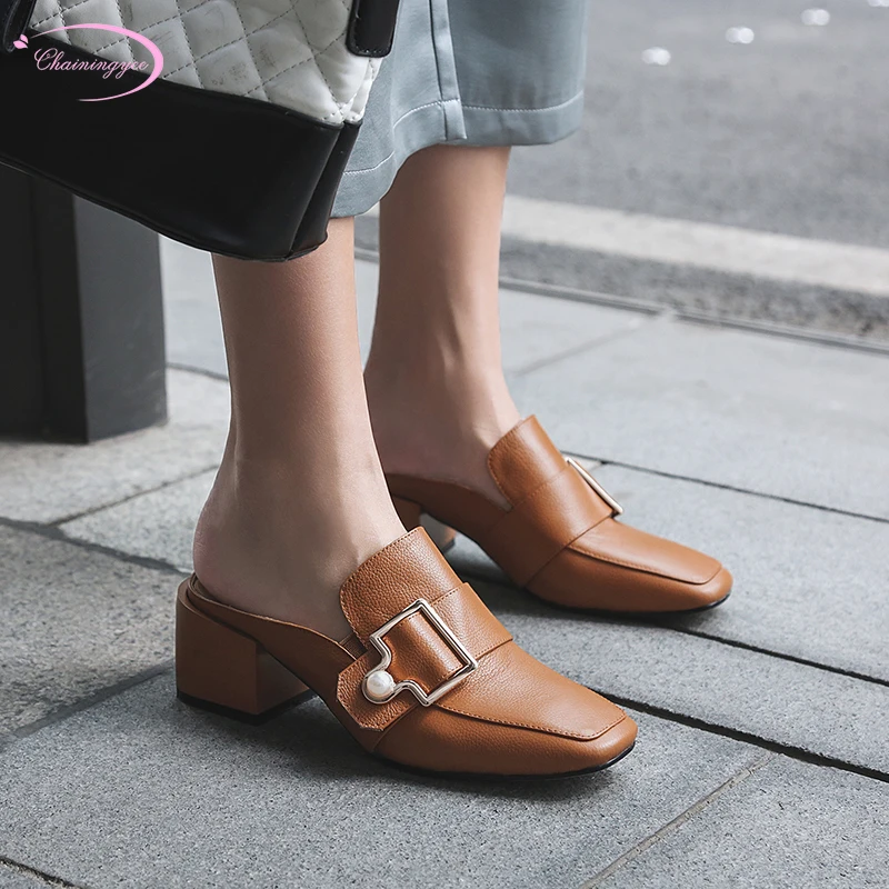 European casual style square toe real leather cowhide summer sandals mules beaded belt buckle medium heel women shoes 
European casual style square toe real leather cowhide summer sandals mules beaded belt buckle medium heel women shoes