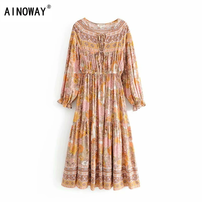 Vintage chic women long sleeve floral print beach Bohemian maxi dress Ladies lace-up rayon Boho pleated dress vestidos
Vintage chic women long sleeve floral print beach Bohemian maxi dress Ladies lace-up rayon Boho pleated dress vestidos
