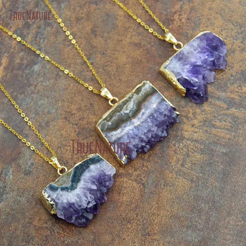 20180307-NM10592- Gold Plating Rectangle Necklace Amethyst Cluster Necklace_4