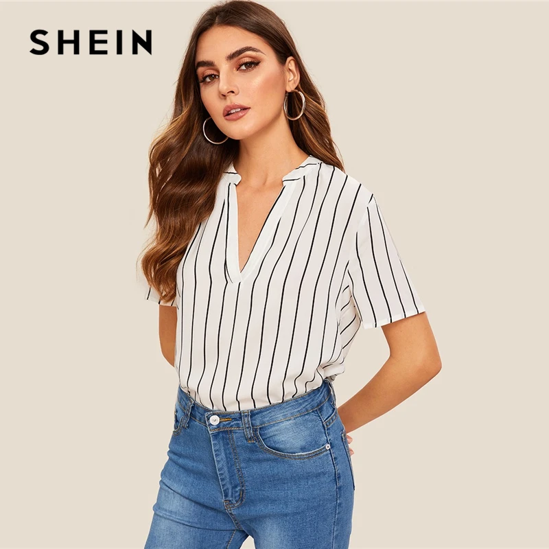 SHEIN V-Neck Dip Hem Striped Top Blouse Women Office Lady White Tops 2019 Glamorous Summer High Low Short Sleeve Blouses
SHEIN V-Neck Dip Hem Striped Top Blouse Women Office Lady White Tops 2019 Glamorous Summer High Low Short Sleeve Blouses