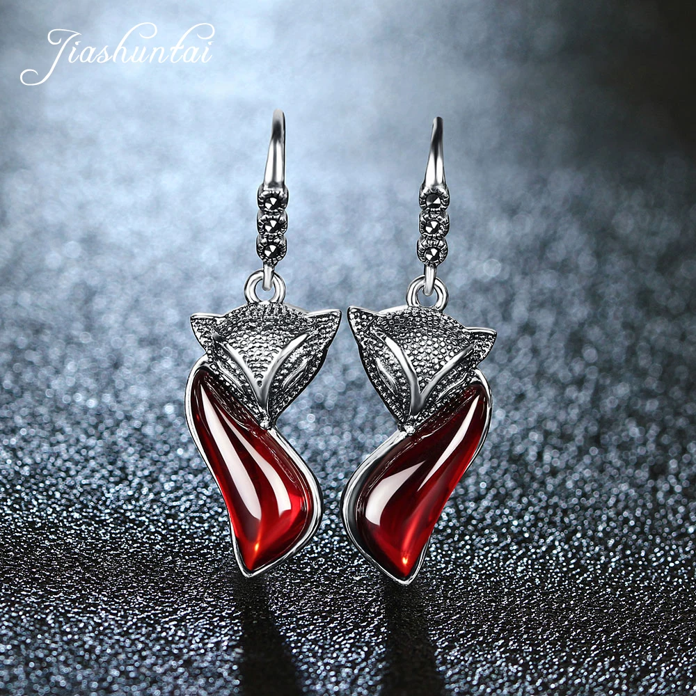 

JIASHUNTAI Retro Silver Sapphire Ruby Garnet Fox Earrings For Women Vintage 100% 925 Sterling Silver Gemstone F Jewelry