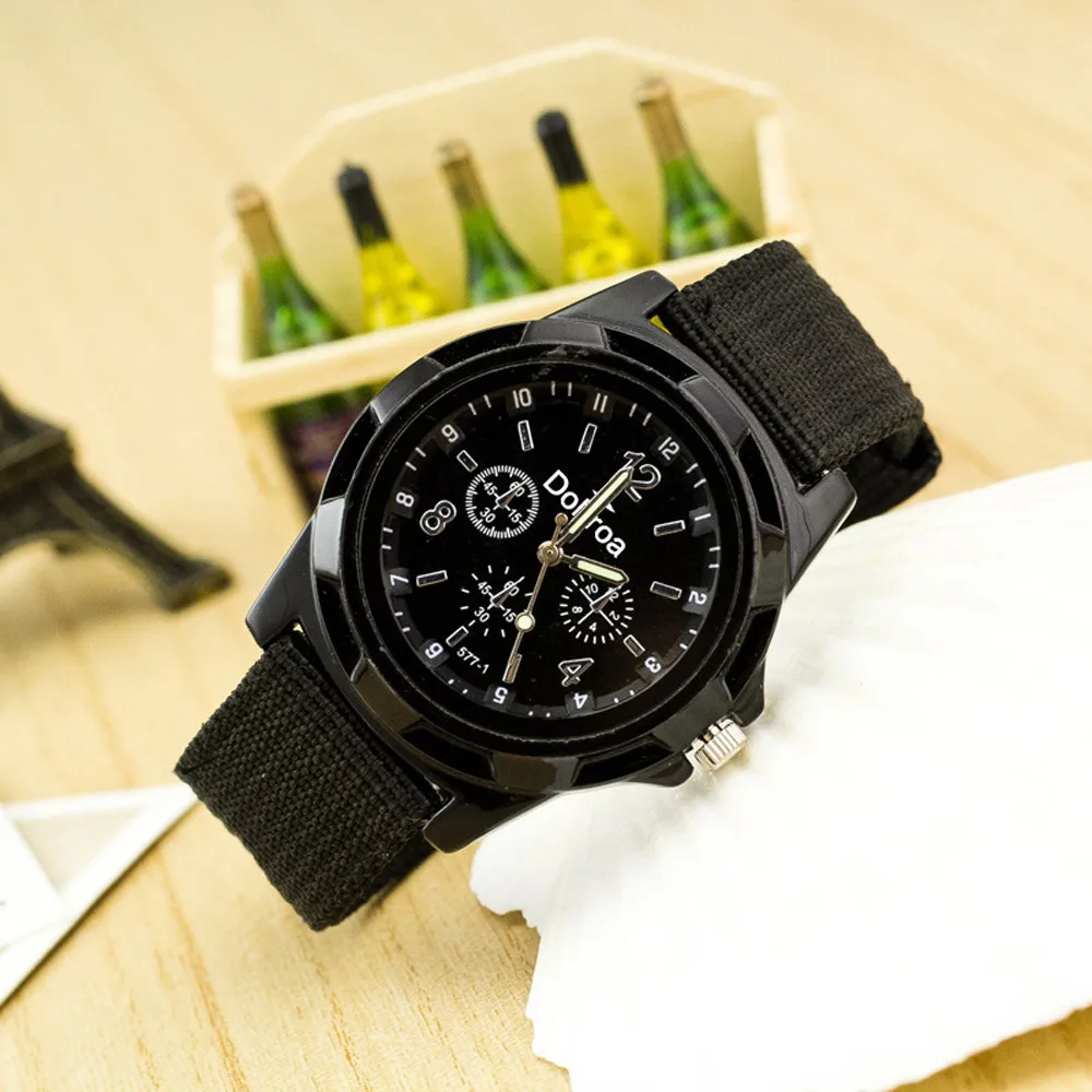Фото Мужские кварцевые наручные часы с круглым циферблатом военные холщовые