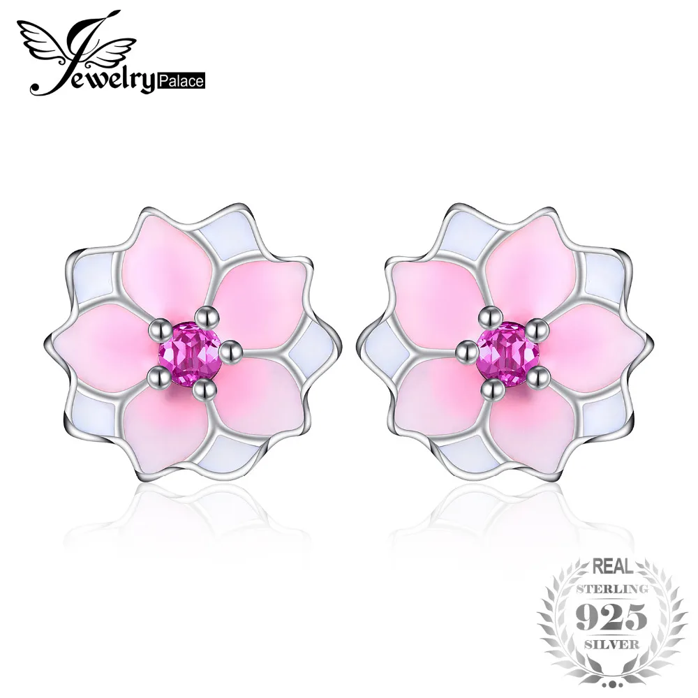 

Jewelrypalace 925 Sterling Silver Earrings Stud Earrings Pink Enamel Magnolia Bloom Flower Unique Elegant Gifts For Women Girls