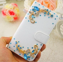 Bling Blue Rhinestone Elegent Butterfly White PU Embossed Leather font b Case b font Cover for