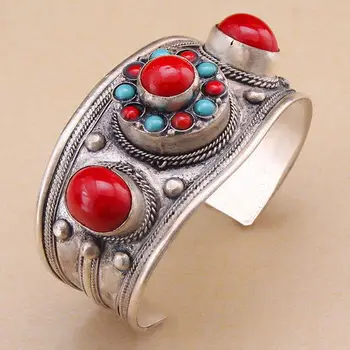 

Lucky totem tibet silver inlay bling round coral cuff bracelet quality guarantee Adjustable Party Gift &6YB00070