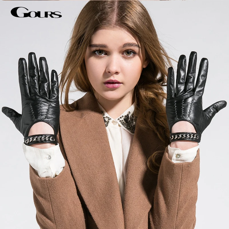 Image Gloves 2014 Autumn Winter New Women Genuine Leather Glove Sheepskin Mitten Metal Chain Black Short Fashion Driving Free Shipping