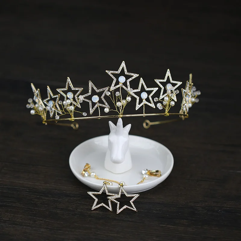 Women Gold Color Fashion Jewelry Shining Rhinestone Star Crown Tiaras Earring Set Bridal Princess Wedding Party Hair Accessories
Women Gold Color Fashion Jewelry Shining Rhinestone Star Crown Tiaras Earring Set Bridal Princess Wedding Party Hair Accessories