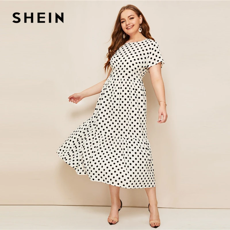 

SHEIN Plus Size White Flippy Hem Polka Dot High Waist Dress 2019 Women Summer Casual Fit and Flare A Line Ruffle Long Dresses