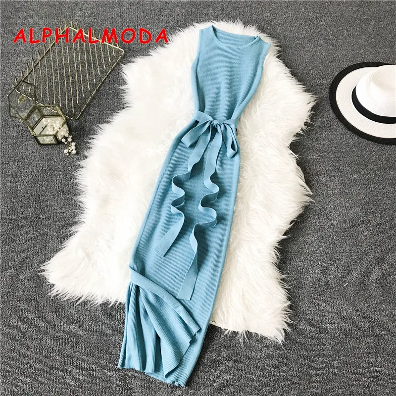 

ALPHALMODA Women Sexy Sleeveless Solid Knit Dress Side Slit Sashes Vintage Pullover Vestidos Mid-calf Elegant Female Outfit