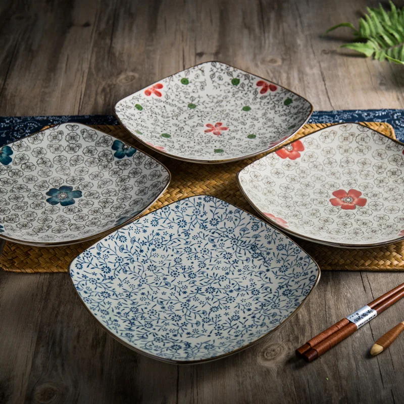 

Japanese-style Underglaze color Household utensils Ceramic flat plate Platter Rounded Square Plate porcelain Western steak dish