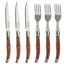 6pcs Laguiole Steak Knives Fork Wood Cutlery Japanese Dinner Knife and Forks Stainless steel Wooden Dinnerware Tableware  8.7''