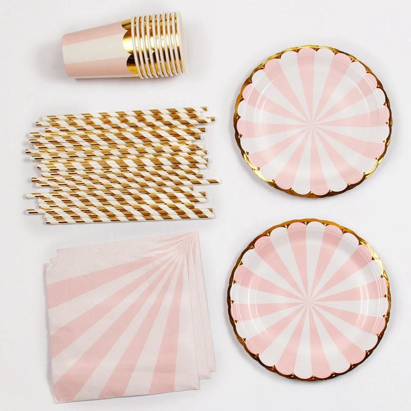 

85pcs/set Gold Foil Pink Disposable Tableware Christmas New Year Party Paper Plates Cups Birthday Party Supplies Plastic Straws
