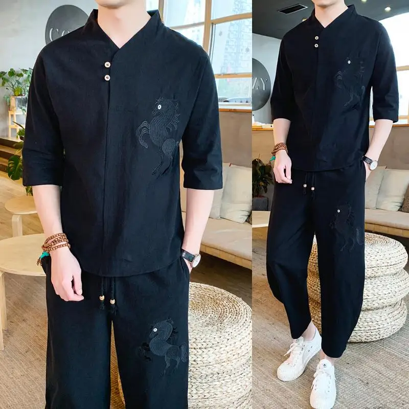 LOLDEAL Chinese Embroidery Horse Cotton Linen Linen Men's Large Size Loose Trousers Short-sleeved T-shirt Summer Suit
LOLDEAL Chinese Embroidery Horse Cotton Linen Linen Men's Large Size Loose Trousers Short-sleeved T-shirt Summer Suit