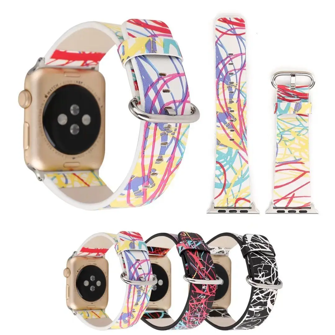 Цветной Радужный кожаный браслет в полоску для Apple Watch Band Series 3 2 1 с металлической