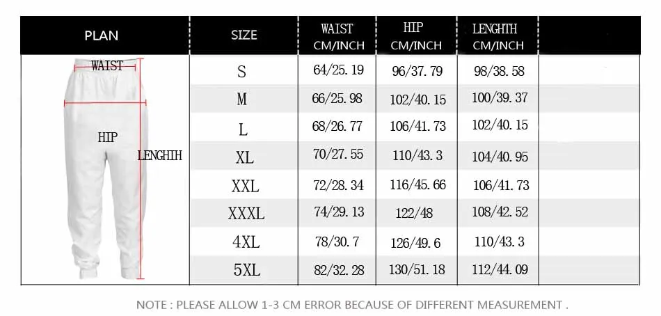 Jogger Pants Size Chart