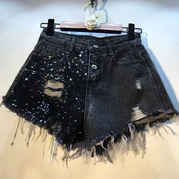 2019 summer new black denim women shorts sequined tassel pockets hole sexy night club lady short jeans fashion buttomings
2019 summer new black denim women shorts sequined tassel pockets hole sexy night club lady short jeans fashion buttomings