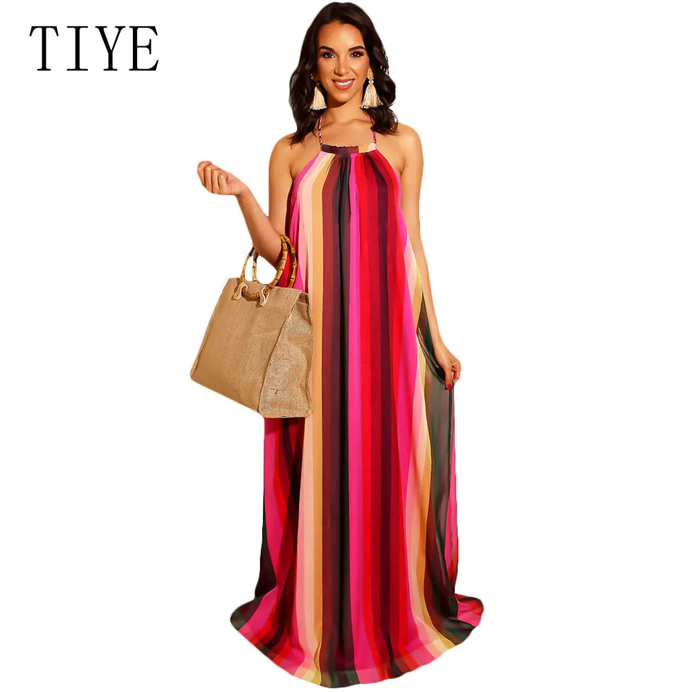 TIYE Women Summer Sleeveless Halter Open Back Vintage Rainbow Stripe Print Maxi Dress Loose Floor Length Sexy Boho Beach Dress 
TIYE Women Summer Sleeveless Halter Open Back Vintage Rainbow Stripe Print Maxi Dress Loose Floor Length Sexy Boho Beach Dress