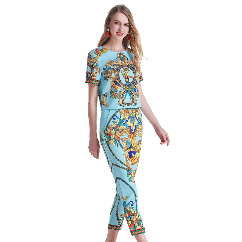 Fashion Runway Design Woman Summer 2 Pieces Set Short Sleeve Luxury Flower Print O-Neck Sets Blouse+Pencil Pants Women Suit 2019
Fashion Runway Design Woman Summer 2 Pieces Set Short Sleeve Luxury Flower Print O-Neck Sets Blouse+Pencil Pants Women Suit 2019