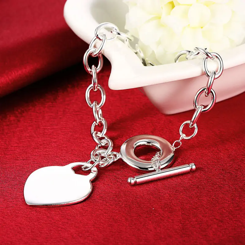 Antique and Unique Silver Love Heart Pendant Link Chain TO Clasp Women Bridal Bracelet Femme Argent For Best Friend Jewelry 
Antique and Unique Silver Love Heart Pendant Link Chain TO Clasp Women Bridal Bracelet Femme Argent For Best Friend Jewelry