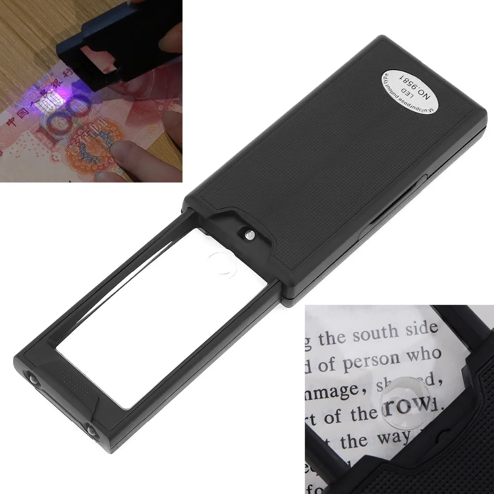 

9581 2.5X 45X Acrylic Optical Lenses Pull Type Mini Portable Pullout Jeweler Reading Magnifier with 2 LED Lights and UV Light