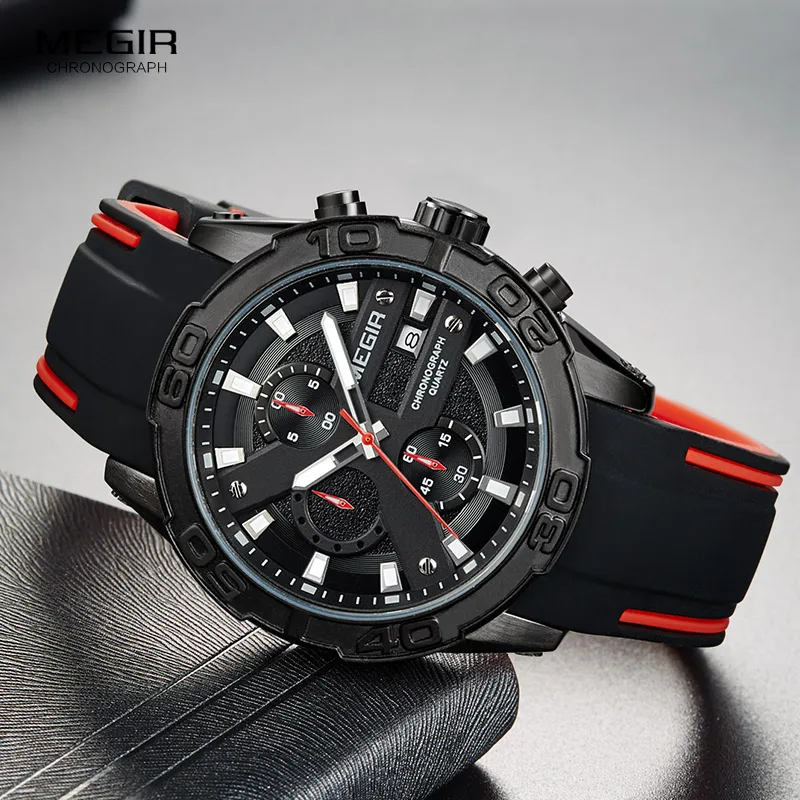 

MEGIR Men's Fashion Sports Quartz Watches Luminous Silicone Strap Chronograph Analogue Wrist Watch for Man Black Red 2055G-BK-1