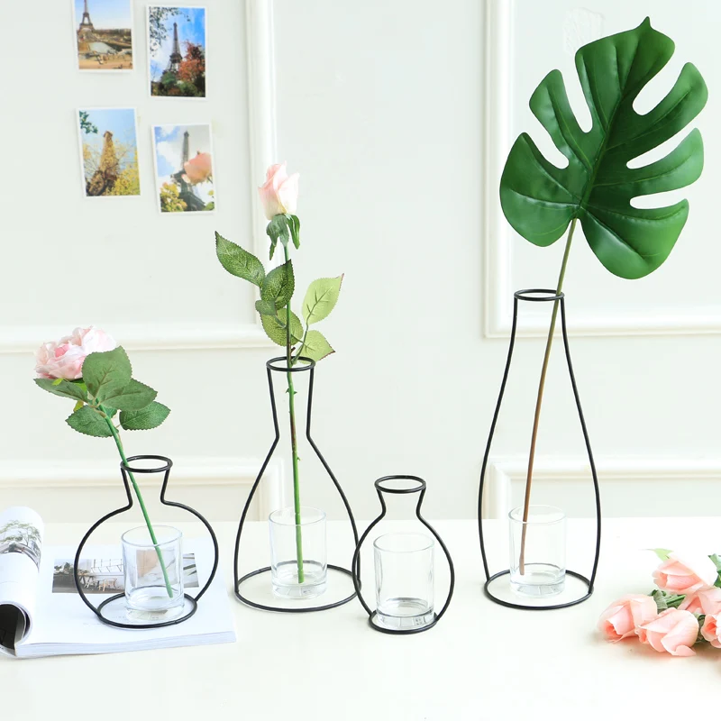 Nordic Style Metal Iron Vase Frame Flowers Shelving Geometric Art Decor Metal Frame Glass Flower Vase Garden Modern Home Decor