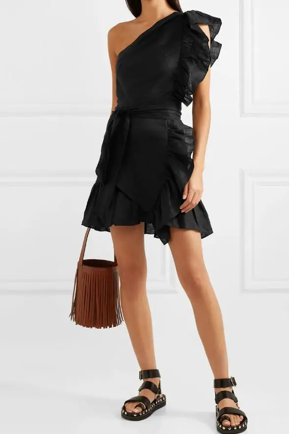White Black Teller Linen Mini dress On Shoulder With Ruffles Sleeveless Waist Belt tied Fashion Short Robe Dress woman
White Black Teller Linen Mini dress On Shoulder With Ruffles Sleeveless Waist Belt tied Fashion Short Robe Dress woman