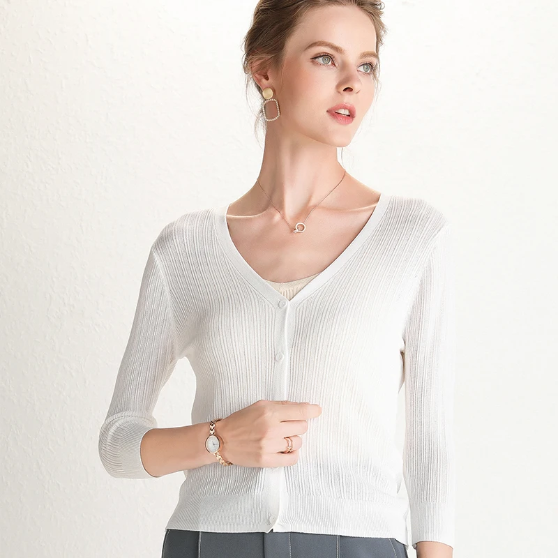 High Quality Summer Womens Tops And Blouses 3/4 Sleeve White Knitted Short Cardigan Vintage Breathable Slim Silk Knitwear Shirt
High Quality Summer Womens Tops And Blouses 3/4 Sleeve White Knitted Short Cardigan Vintage Breathable Slim Silk Knitwear Shirt