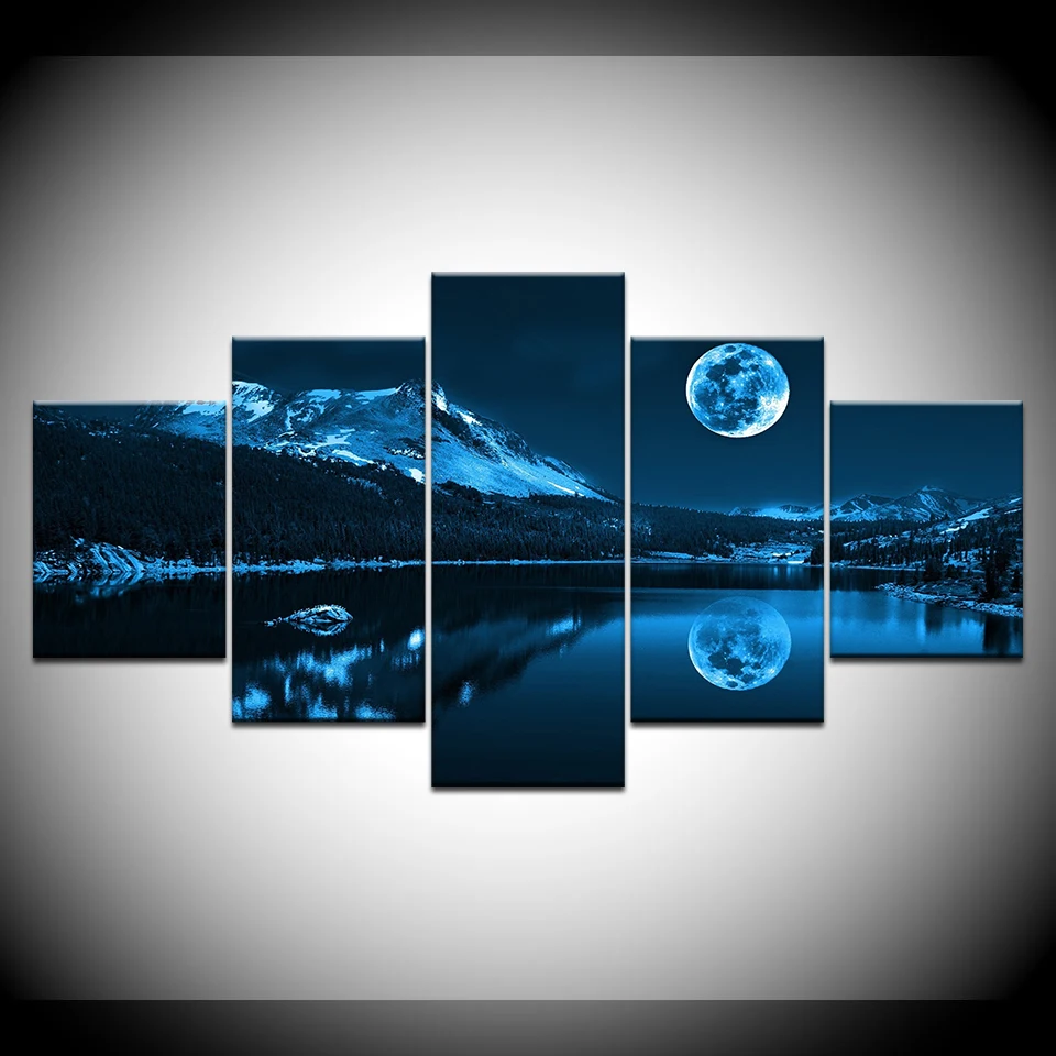 Blue Moon Night Scene Paintings Canvas Printing Wall Art Pictures No Frame 5 Pcs